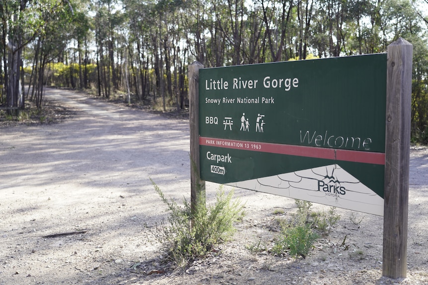 A sign leading to a walking track in the bush that reads little river gorge