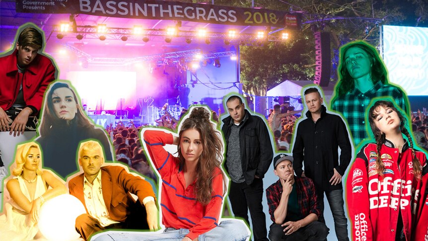 A collage of the BASSINTHEGRASS 2019 line-up: Ruel, Broods, Meg Mac, Amy Shark, Hilltop Hoods, Mallrat, Allday