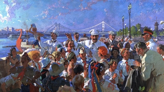 A painting showing a picture of Stalin amongst children in a park.