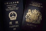 A Hong Kong passport sits alongside a UK passport with a black background.