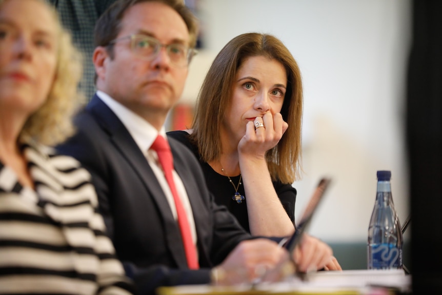 Wells is sitting next to some out-of-focus colleagues.  She has her hand under her chin.