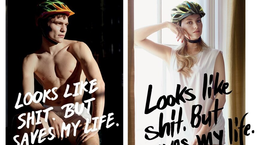 Models clad only in underwear and wearing bicycle helmets pose for the safety advertisement.