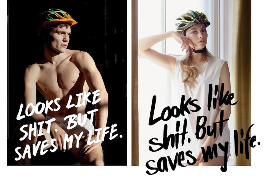 Models clad only in underwear and wearing bicycle helmets pose for the safety advertisement.