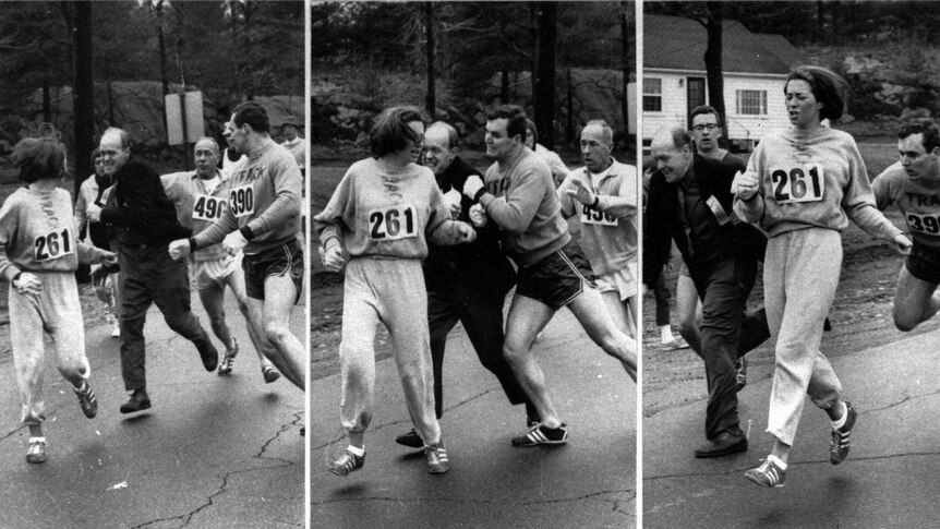 A split image shows Jock Semple being tackled while trying to eject Kathrine Switzer.