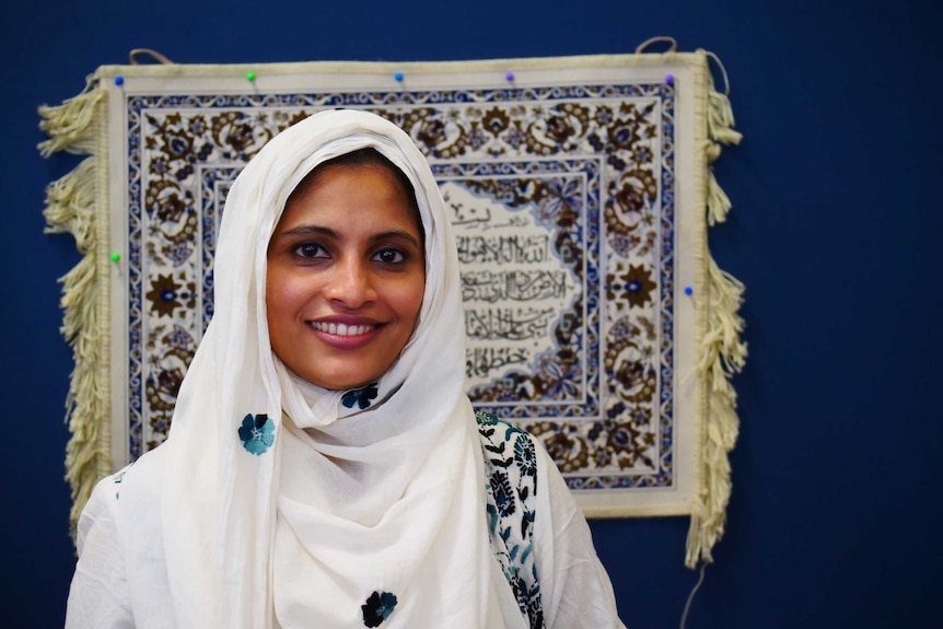 Indian woman wearing a white headscarf