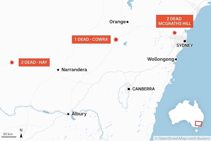A map of New South Wales depicting the locations of three fatal accidents.