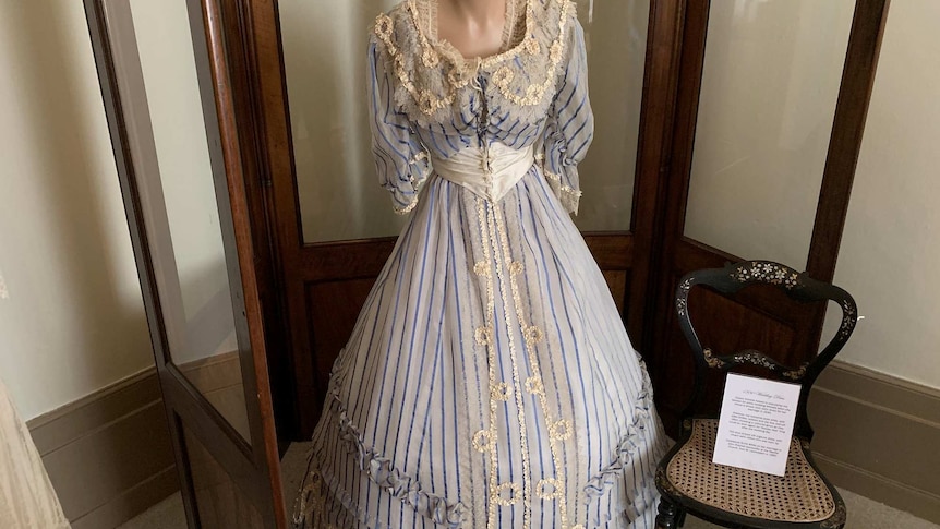 An 1880's  wedding gown made of striped blue and cream silk.