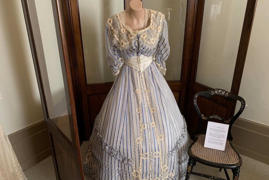 An 1880's  wedding gown made of striped blue and cream silk.