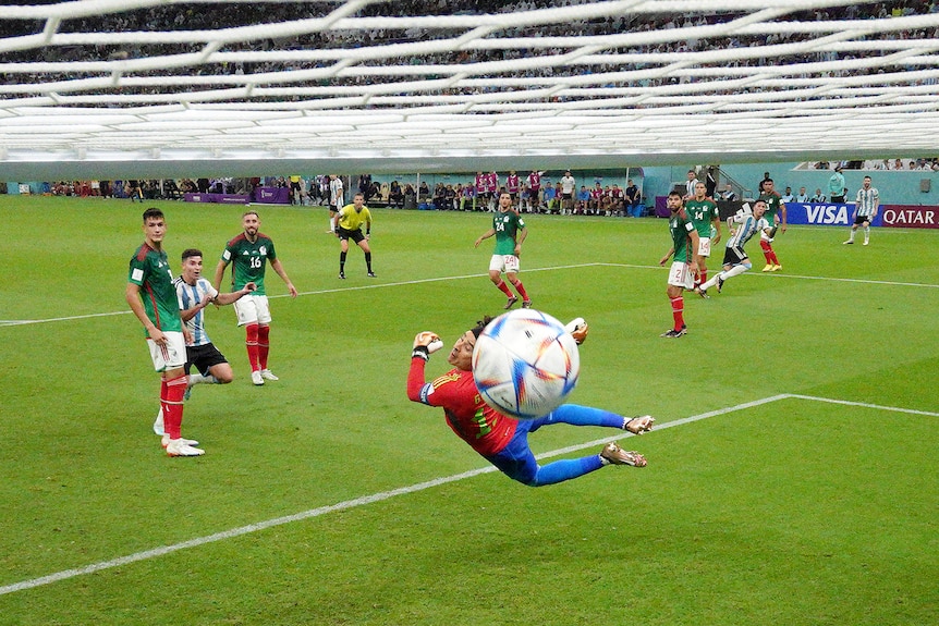 The goalkeeper dives as the ball flies past him into the net - on the right side of frame the Argentinian scorer celebrates.