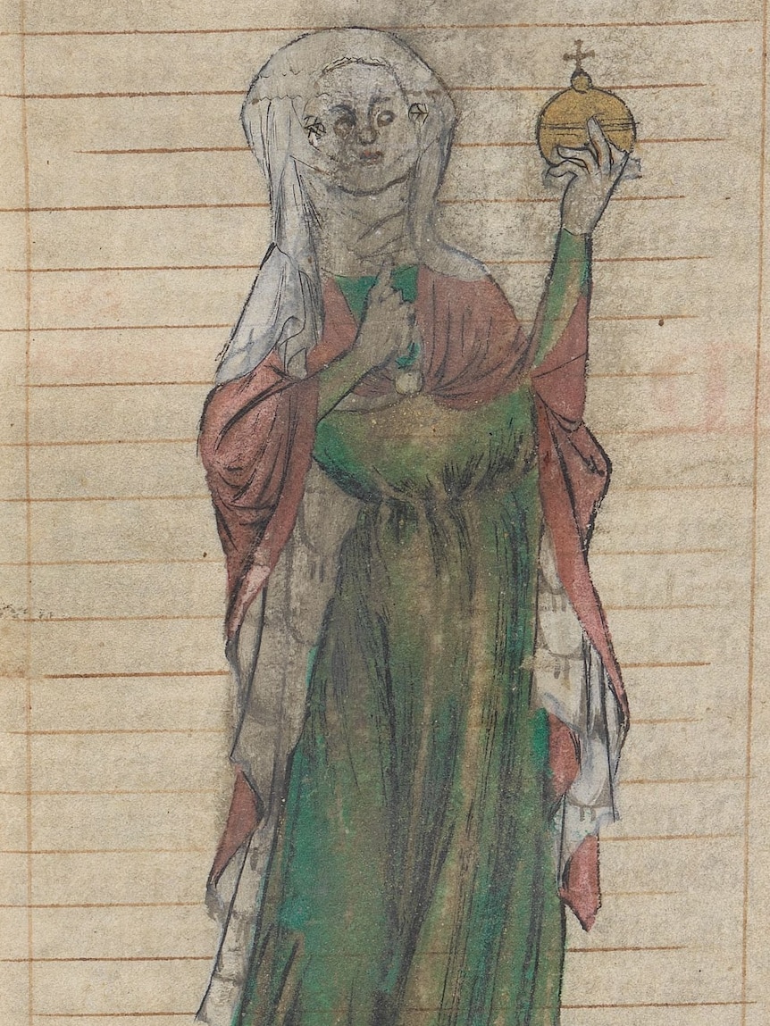 A old illustration of a robed woman holding a golden orb.