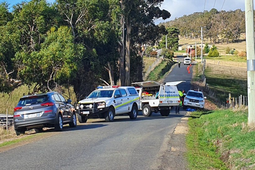 Police cars at the scene of a crash on a country road