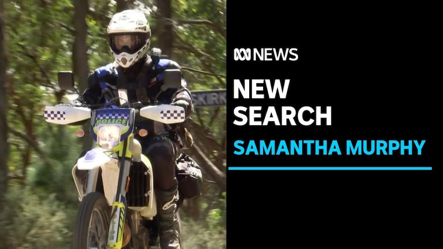 New Search, Samantha Murphy: A police officer riding a dirt bike in a bush setting.