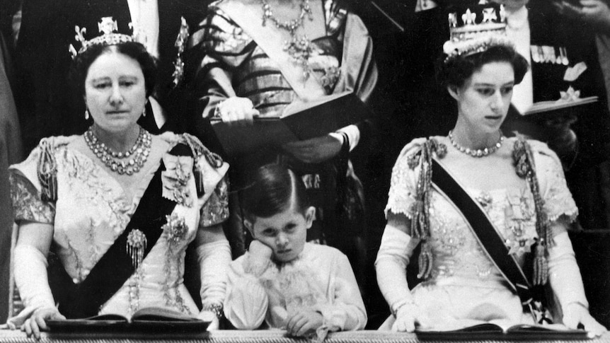 The Queen Mother, Prince Charles and Princess Margaret at the Coronation of Queen Elizabeth II.