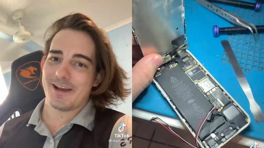 A white man with long brown hair sits in a chair, alongside an image of the insides of an iPhone