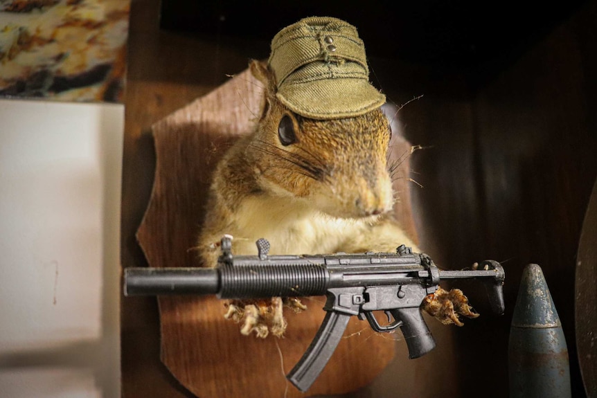 Stuffed squirrel holds a fake gun.