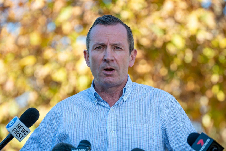 Mark McGowan speaking at a press conference, wearing blue shirt. 
