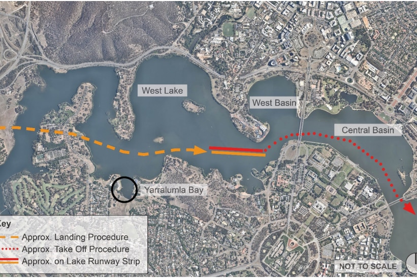 A map of Canberra's Lake Burley Griffin with yellow and red lines showing the seaplanes take-off and landing routes