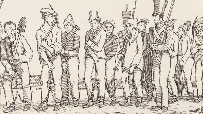 An illustration of a line of convicts holding different tools like shovels, as soldiers watch them