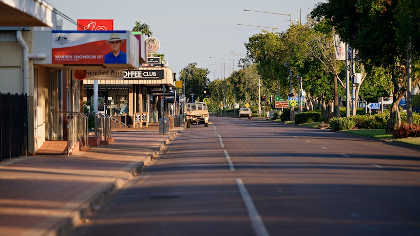 The quiet main street of Katherine during a COVID-19 lockdown.