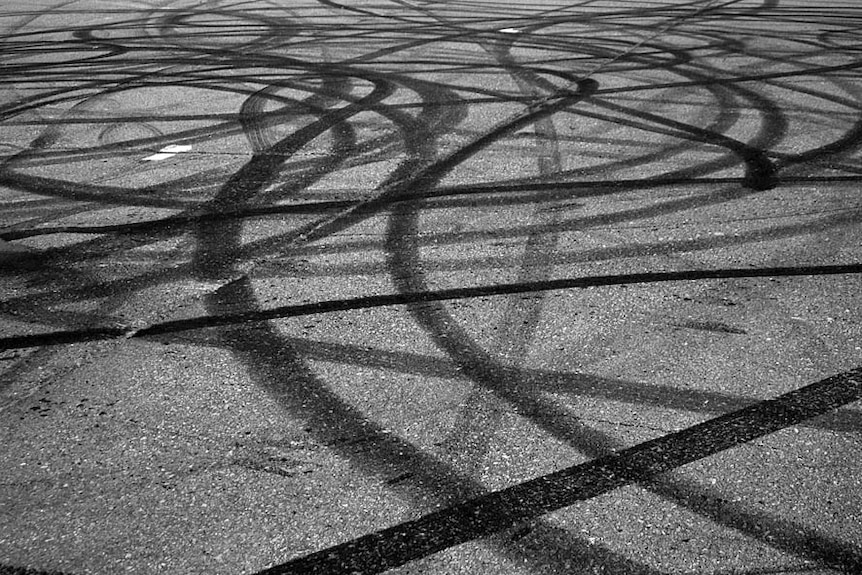 Tyre marks on a road as a result of burnouts.