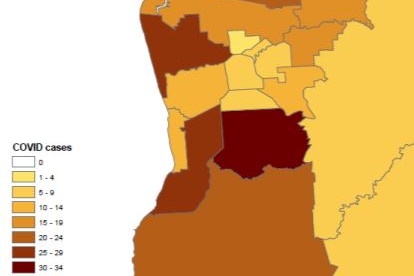 A heat map showing Adelaide suburbs with confirmed cases of COVID-19