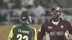 Renewing their friendship ... Chris Gayle and Michael Clarke exchange words during their earlier Champions Trophy match