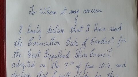 Ben Buckley handwritten declaration to East Gippsland Shire Council