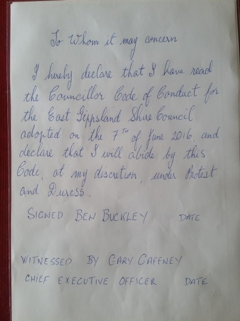 Ben Buckley handwritten declaration to East Gippsland Shire Council