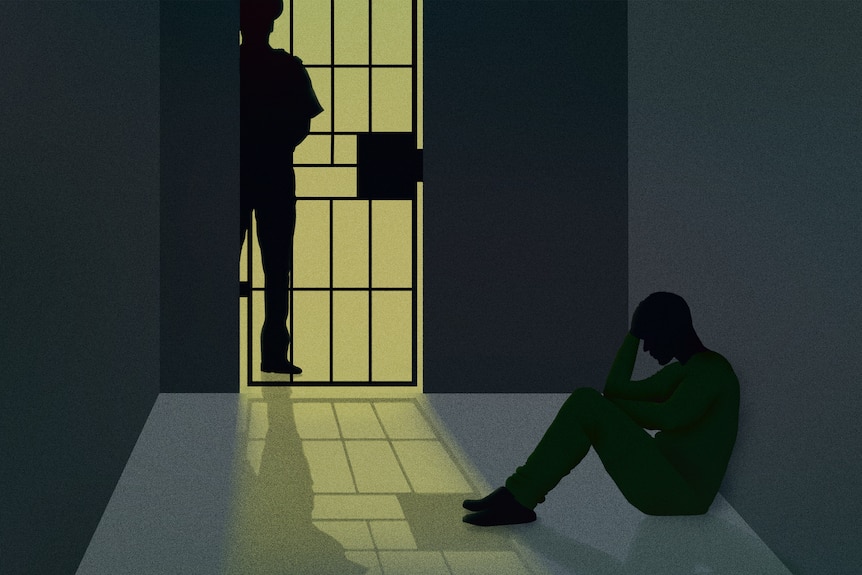 Illustration of a young person sitting head-in-hands in a jail cell an officer stands on the other side of the door.