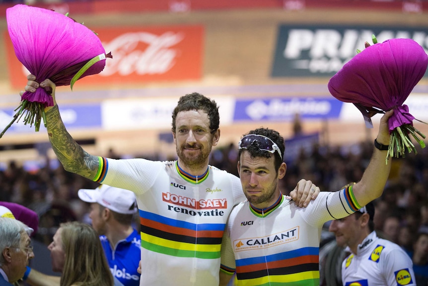 British cyclists Bradley Wiggins and Mark Cavendish celebrate their win in six days of Ghent race.