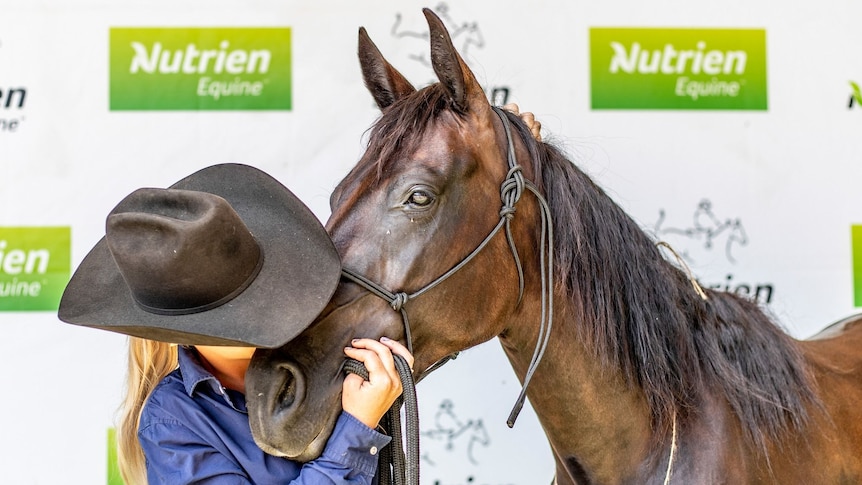 A woman in a black hat kisses a black horse on the nose.