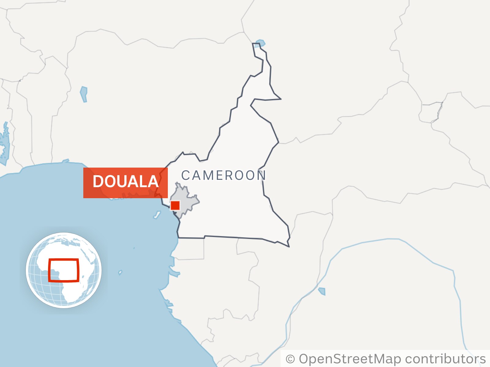 A map showing an outline of Cameroon with Douala highlighted in orange in the bottom left