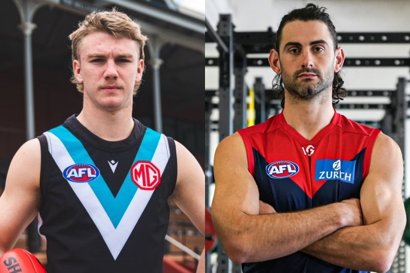 Composite image of Jason Horne-Francis posing in his Port Adelaide guernsey and Brodie Grundy in his Melbourne Demons.