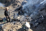 IS fighter stands beside smoking wreckage