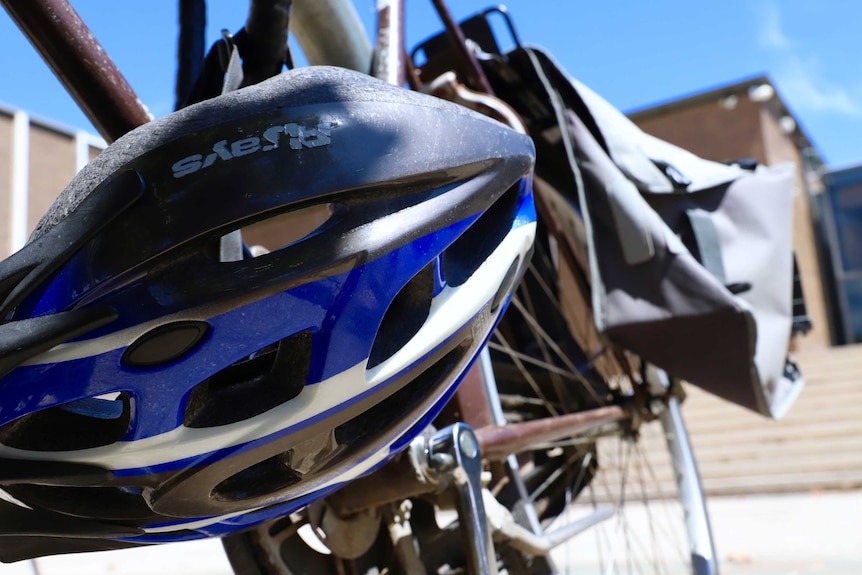 A helmet and bicycle.