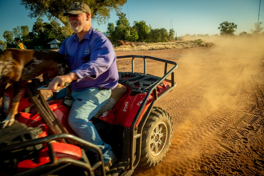 Angus Emmott is riding a quadbike with his dog, as golden dust flies up behind them.