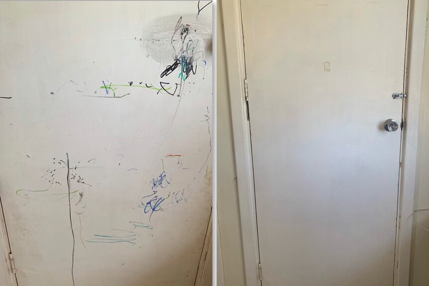 A before and after shot of a dirty door and a clean cream coloured door