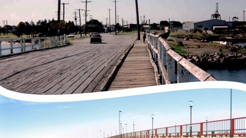 Before and after: Newcastle's Cowper Street Bridge revitalised by the Honeysuckle project.