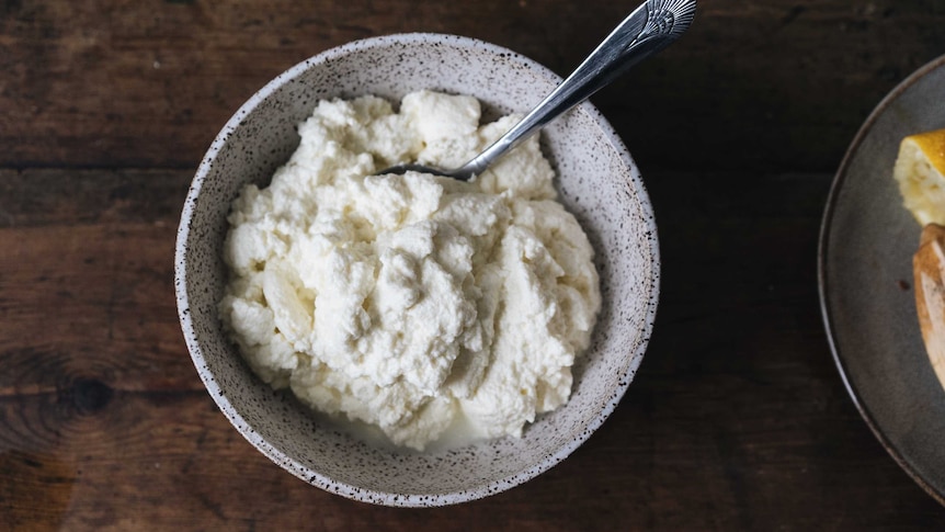 Bowl of creamy ricotta from Hetty McKinnon recipe.