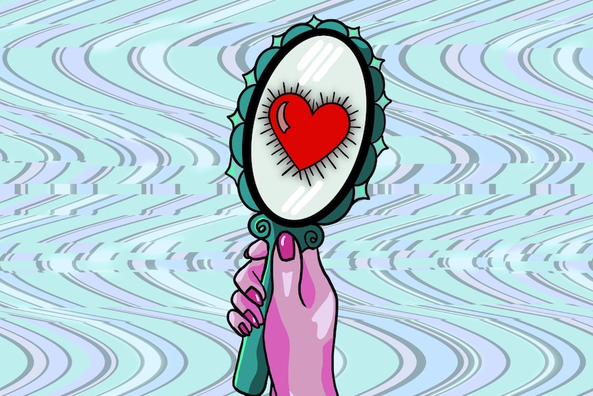 A colourful illustration of a hand holding a mirror, with a pop art heart on the glass.