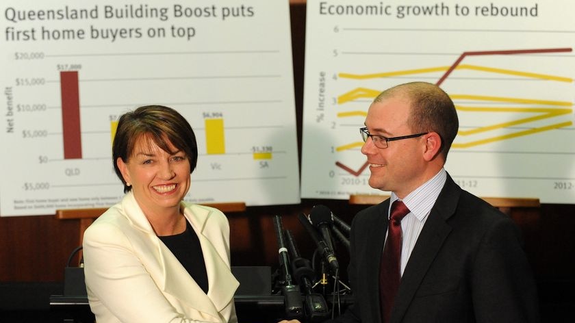 Premier Anna Bligh and Treasurer Andrew Fraser at the post-budget press conference at Parliament House.