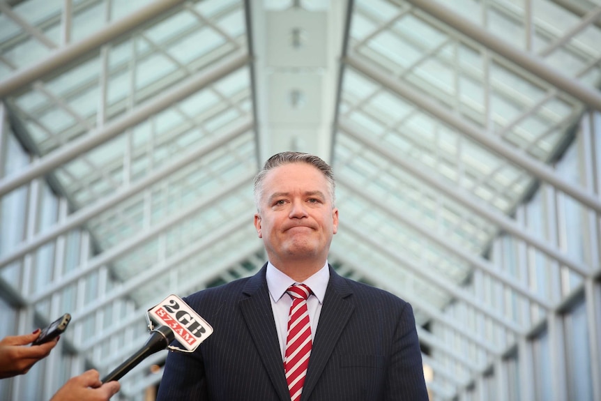 Mathias Cormann, wearing a pinstriped suit and red and white patterned tie, grimaces as reporters nudge microphones towards him.