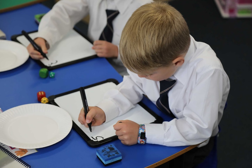 A primary school boy sitting in uniform and writing on a white board on a desk.