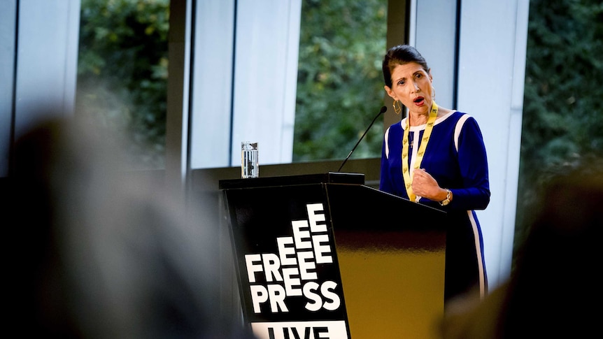 Diane Foley speaks at a Free Press conference from a podium.