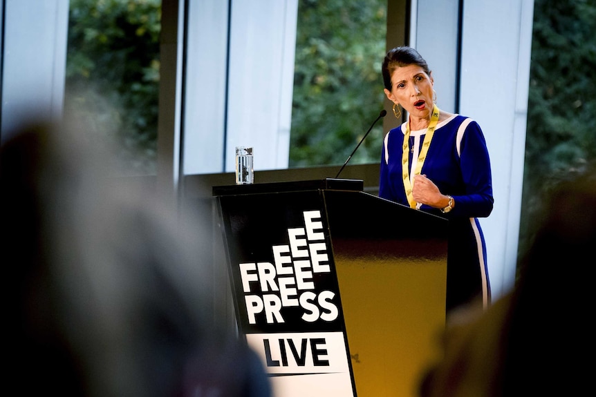 Diane Foley speaks at a Free Press conference from a podium.