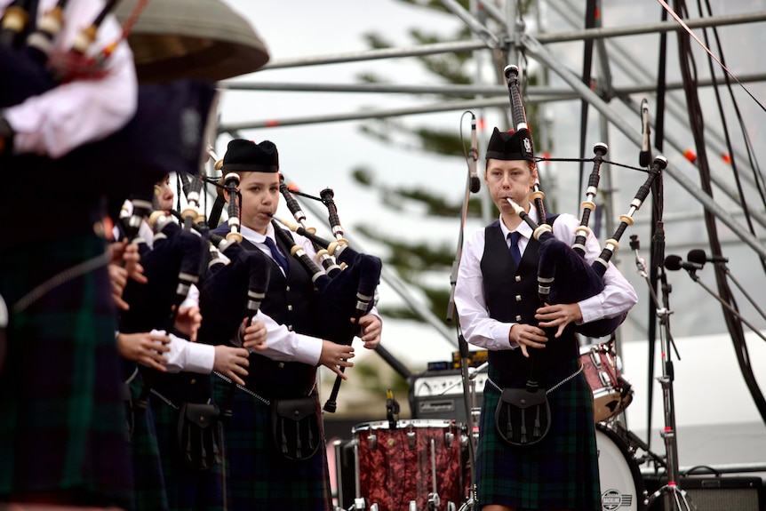 Presbyterian Ladies' College pipe band delivering a cover of AC/DC classic It's a Long Way to the Top.