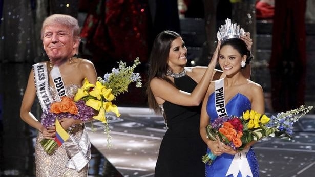 A satirical photoshopped image of Donald Trump's head on the Miss Universe runner-up's body.