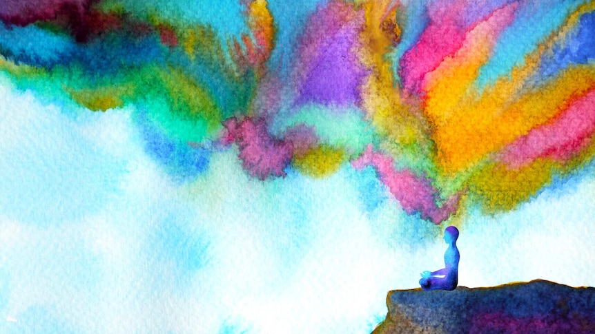An illustration of a figure in a meditative pose with vibrant rainbow colours erupting from the top of their head