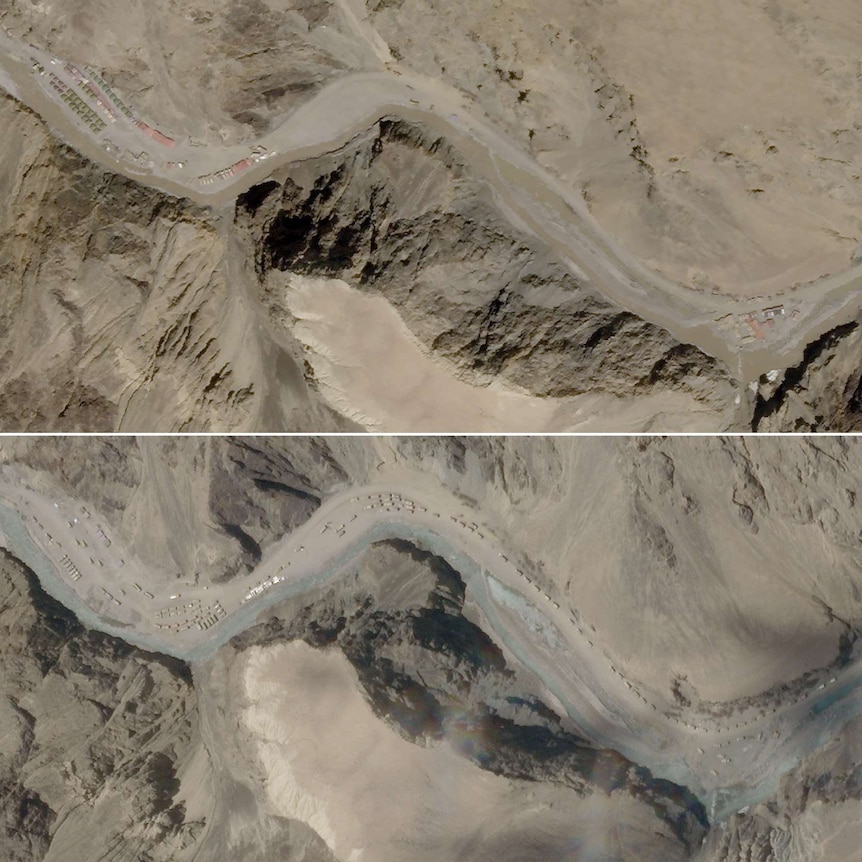 An image of a satellite comparison of a build-up of trucks along the banks of the river.
