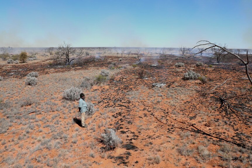 An Indigenous person looks across the burnt desert landscape.